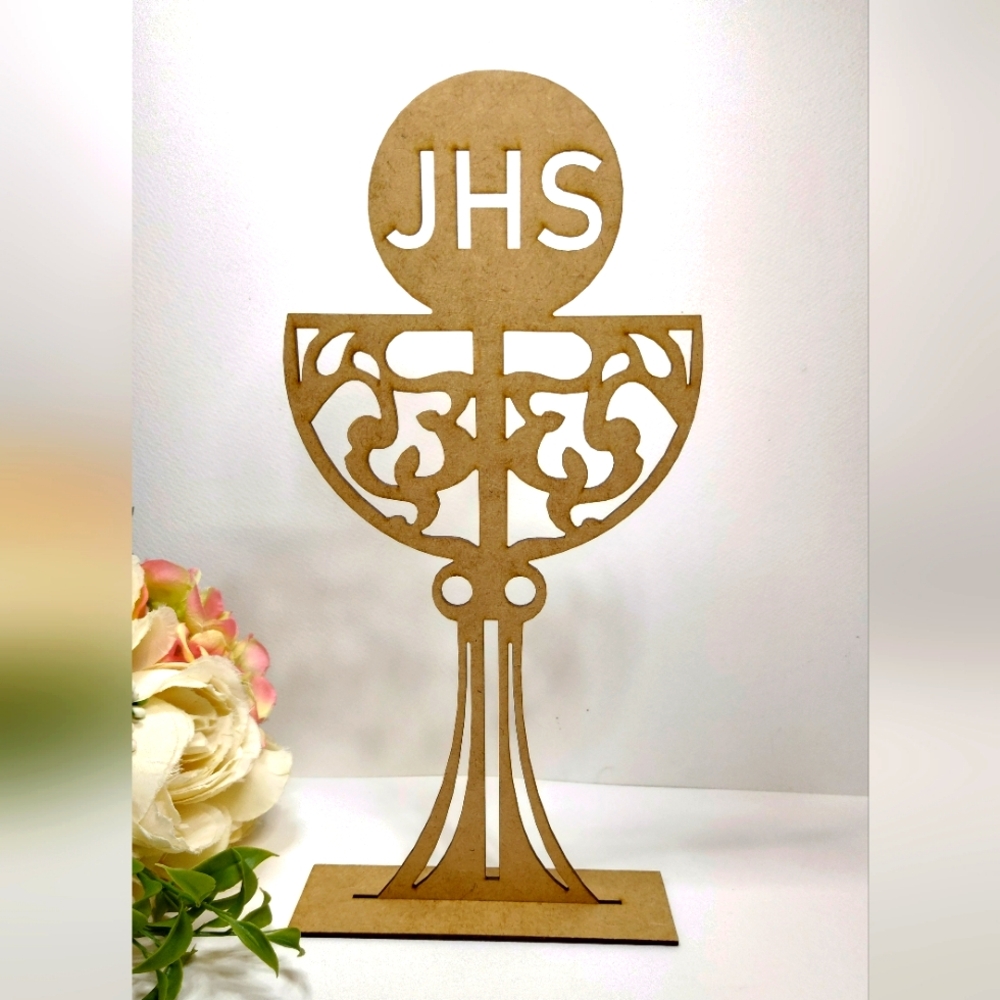 Holy Chalice Cake Topper. Wooden Grial First Holy Communion JHS Cake Topper.